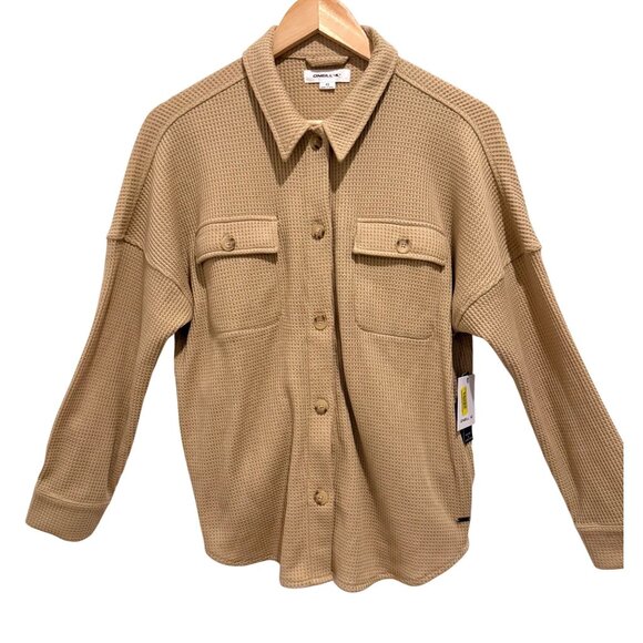 O’Neill Women’s XS Waffle Knit Jacket Shacket Tan Button Front NWT Neutral Cozy - Picture 1 of 16